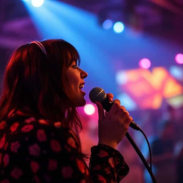 Woman singing into microphone