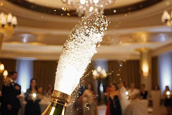 Champagne bottle exploding at a party