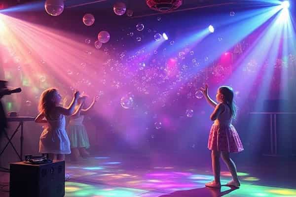 Children playing with bubbles at a children's disco