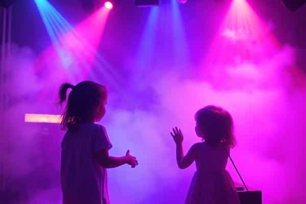 Two little girls playing in the fog at a children's disco