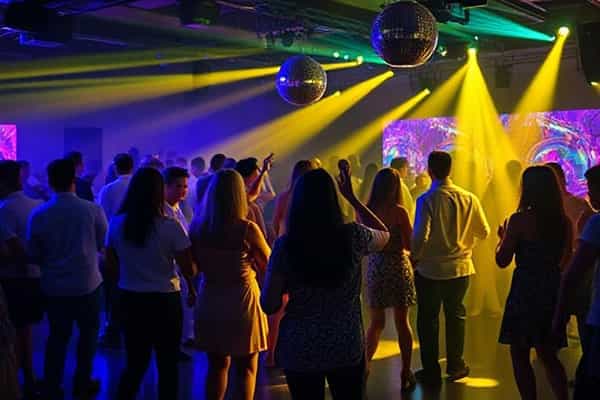 Corporate disco with guests dancing and colourful lighting