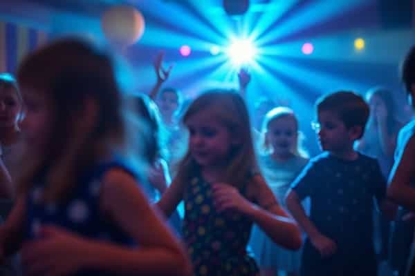 Primary school disco with chidlren dancing