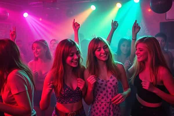Lots of teenagers smiling having fun at a disco