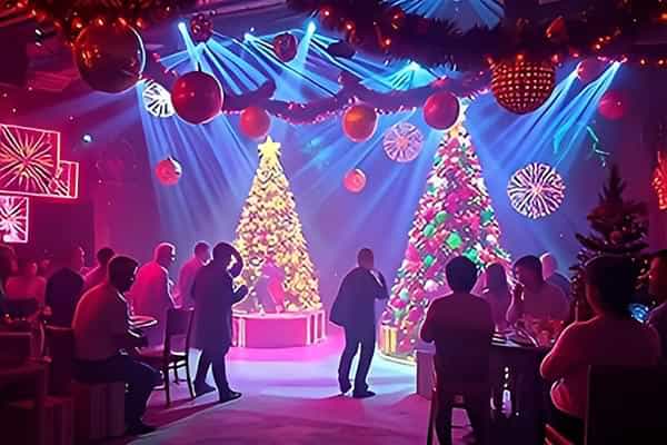 Themed Christmas disco with vibrant lights and decorations